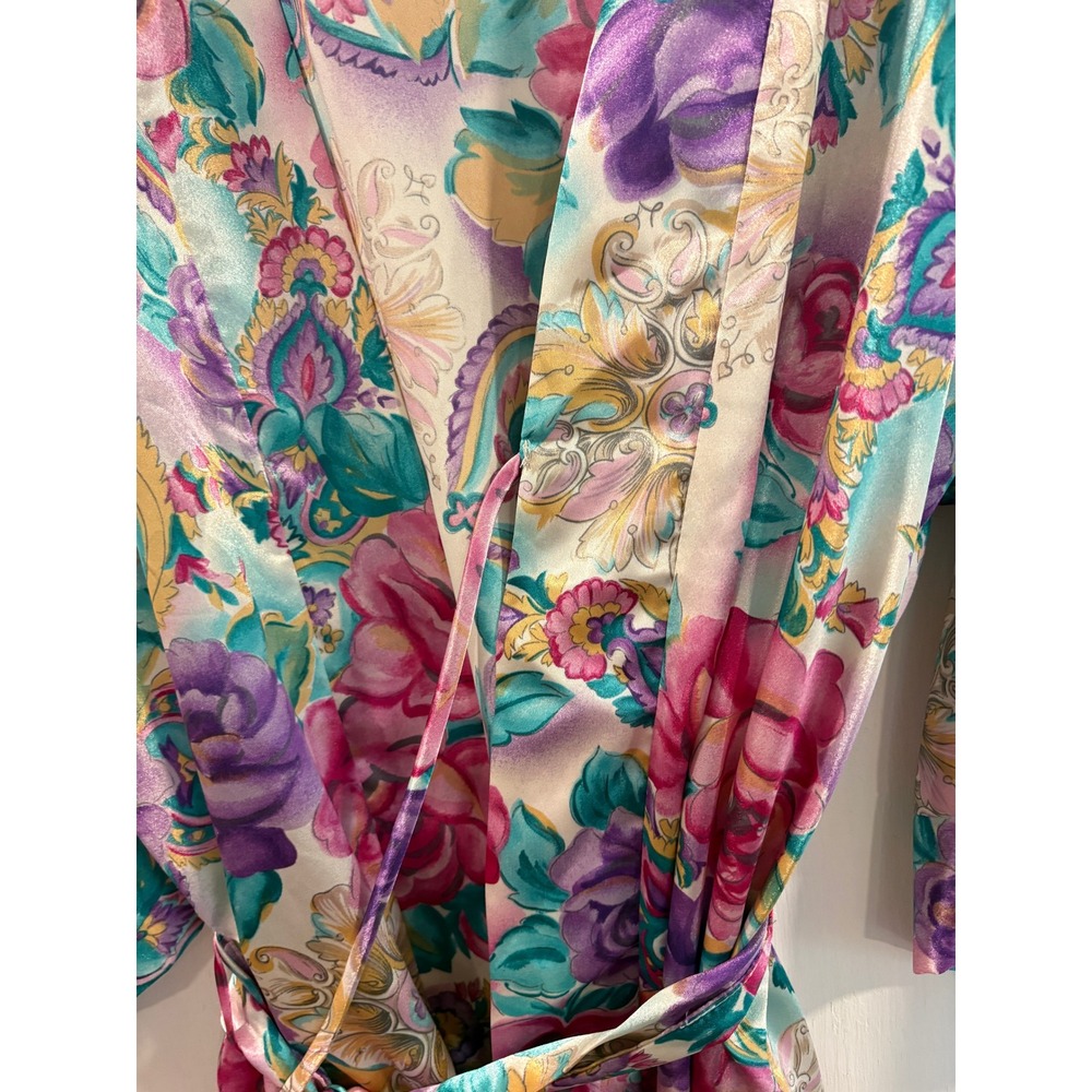 Vintage Adonna Woman Floral Satin Robe Pink Purple Paisley Kimono 2X USA - Picture 9 of 16